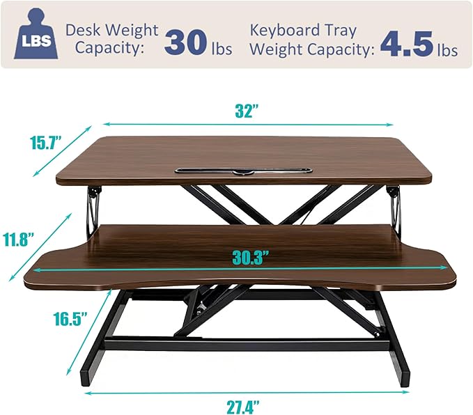 32 Inch Height Adjustable Stand Up Desk Riser, Heavy Duty Computer Workstation with Removable Keyboard Tray - Ergonomic Design for Home Office Workshop Gaming, Spacious Platform(Walnut)