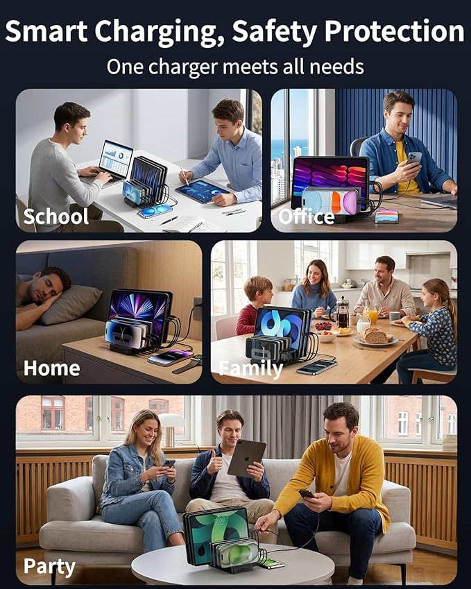 288W Multi Usb Charging Station, 8-Port charging station for multiple devices with Adjustable Dividers & 10 Cables,Multi-Purpose Desktop and wall Fast Charger, for iPhone, iPad, Android,Tablets & More