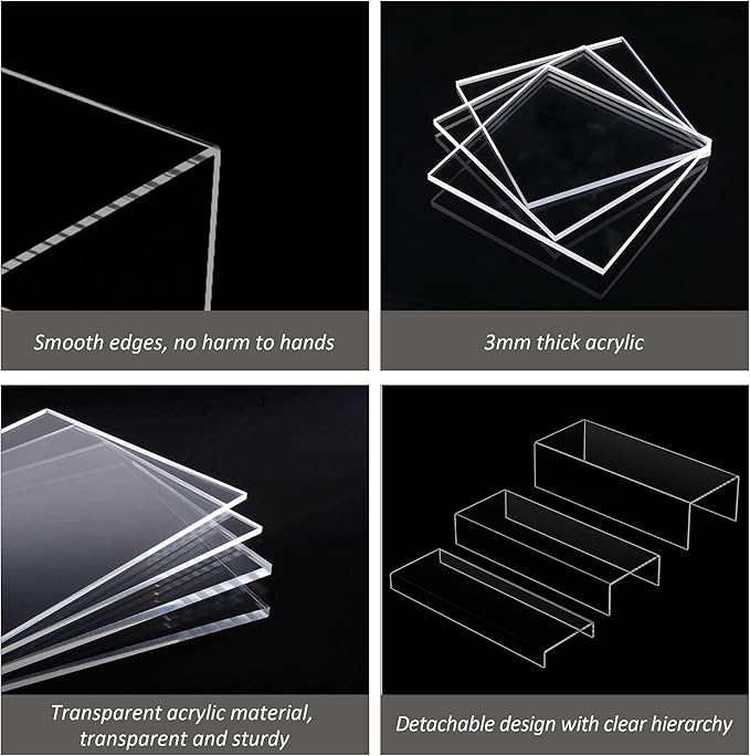 Sezanrpt Square Acrylic Display Risers 3pcs, Clear Showcase Shelves for Collectibles, Funko Pop Figures, Perfumes, Cupcake, Candy Dessert - 3''x4''x5''