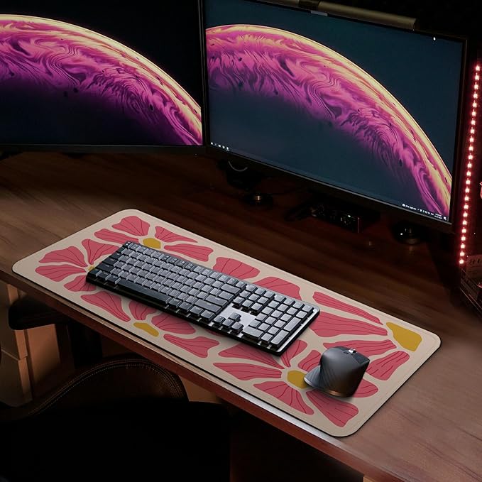MAY FLOWER Gaming Mouse pad, Large Laptop Mousepad, Full Keyboard Mat, Long Computer Mouse Mat for Home and Office, Anti-Slip Rubber Base, 31.5 x 11.8 Inches (Pink Flower)
