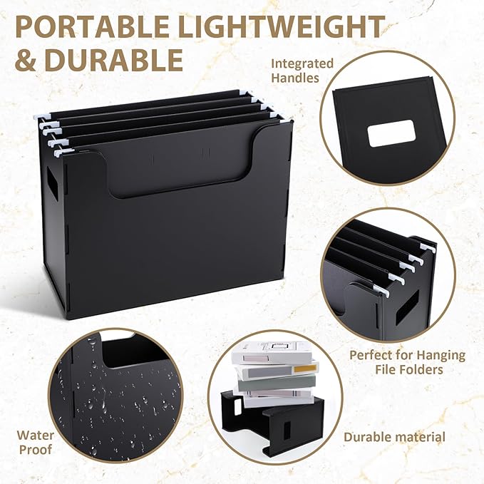 48 Portable Desktop File, Side Handles, Filing Organizer, Hanging File Folders, Letter Size for Schools Office Home (Black)