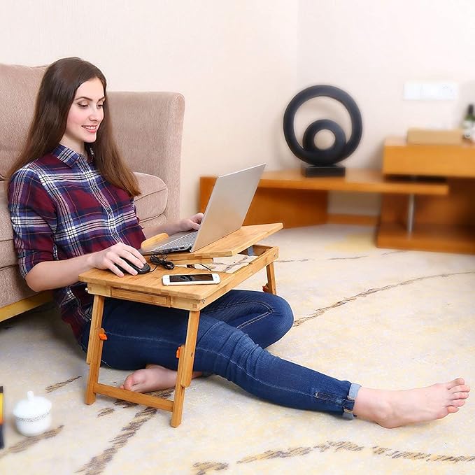 Laptop Desk Nnewvante Bamboo Bed Tray Adjustable Foldable Desk Bed Serving w' Tilting Drawer
