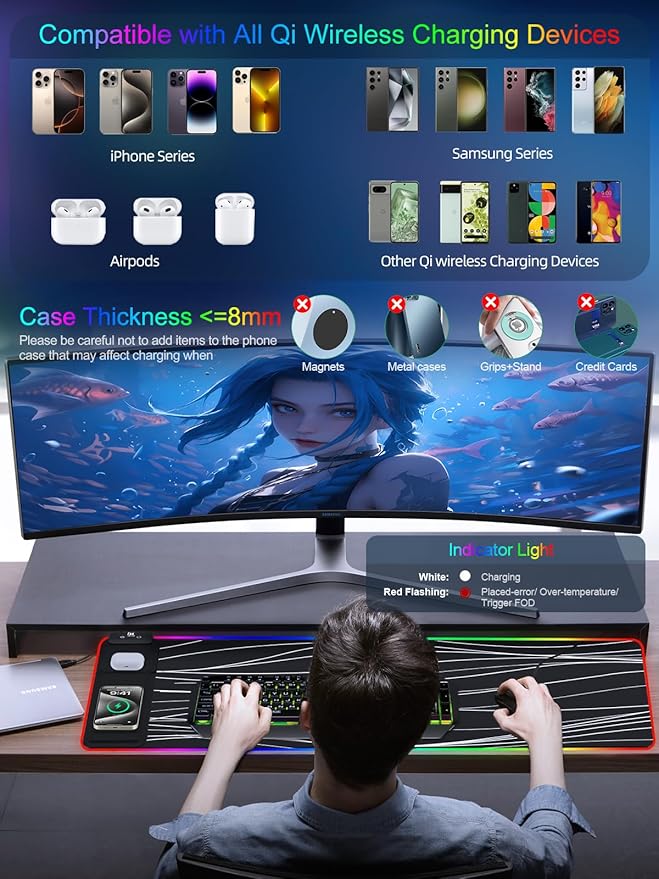 XXL Mouse Pad with Phone Holder - Black, RGB Desk Mat with 15W Fast Charging, LED Gaming Mousepad with 11 Light Colors, Waterproof Non-Slip Pad for Office & Home (Wave)