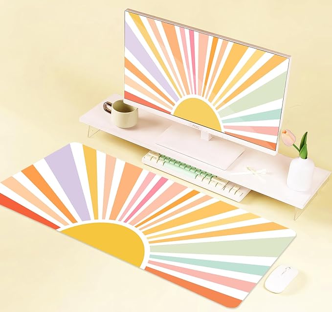 Rainbow Large Desk Mat, Sun Extended Mouse Pad for Laptop, Aesthetic Art Desk Pad Cute, Pink Orange Large Mousepad, Computer pad, Sunrise Desktop Mat for Office Home, Gift for Kids Girly Fresh