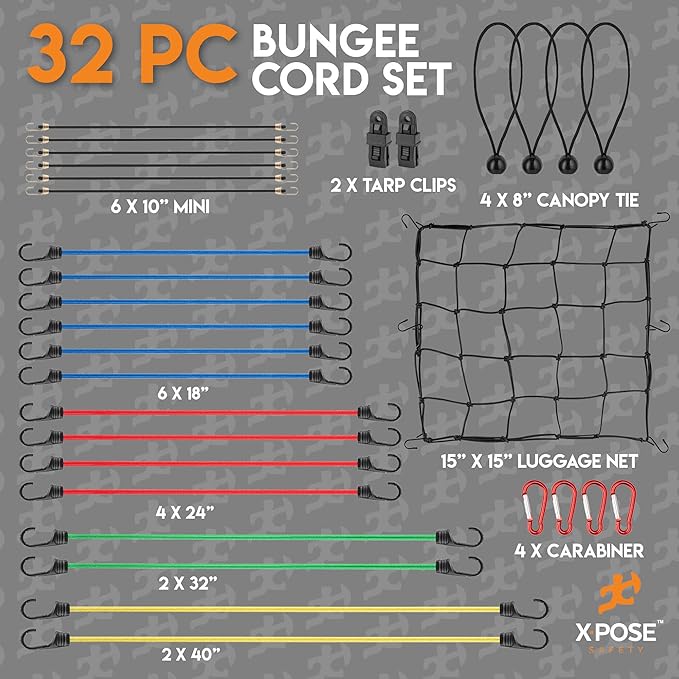Heavy Duty 32pc Bungee Cord Set with Hooks, Canopy Ties, Luggage Net & Organizer Bag - Assorted Sizes (18", 24", 32", 40") for Outdoor, Bike Racks, Motorcycles