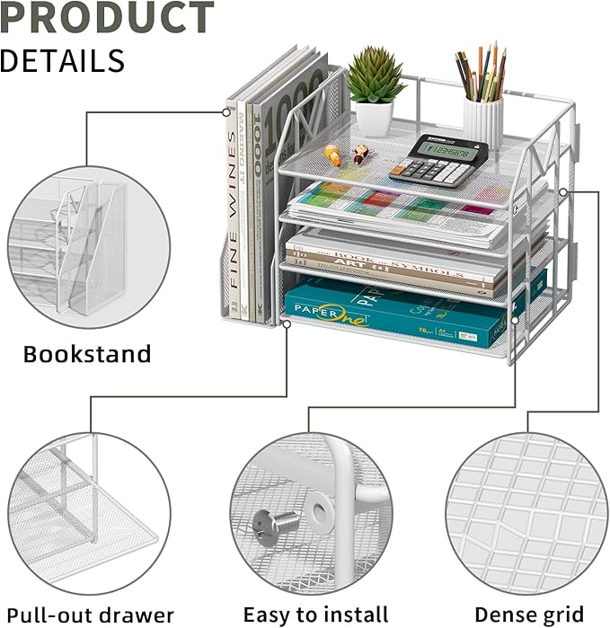 4-Tier Paper File Organizer with Drawer, Metal Desk Organizer, Tiered Paper Tray for Letter/A4 Files, Desktop Office Supplies Storage Rack, White