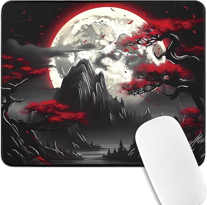 FreeNook Small Gaming Mouse Pad, Anime Black Mousepad with with Non-Slip Base, Expanded Cool Desk Mat, Mountain Moon Scenery Keyboard Mat Suitable for Home Office,10.2 X 8.3 Inch
