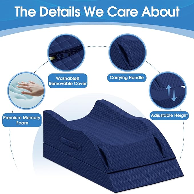 TranquilRelax Elevation Pillows for Leg After Surgery, Memory Foam Adjustable Wedge Pillow for Injury or Rest, Ankle Pillow for Sleeping Blood Circulation, Full Blue/Double Leg
