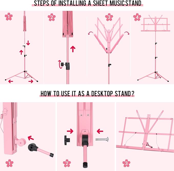 CAHAYA Portable Sheet Music Stand: Dual Use Desktop Book Holder Folding Lightweight Extra Stable Reinforced with Carrying Bag and Clip for Students Musicians Height Adjustable up to 54.3" CMS0204P
