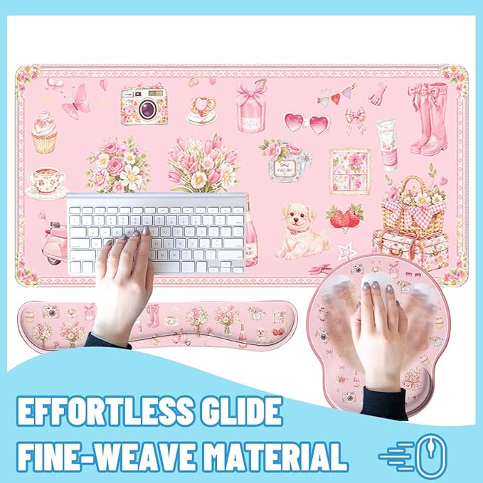 Pink Collage Desk Mat Set Coquette Floral Cute Aesthetic Large Mouse Pad with Wrist Rest 4in1 Desk Mat for Desktop Ergonomic Computer Desk Arm Wrist Anti-Slip Computer Mouse Pad Home Office Gaming
