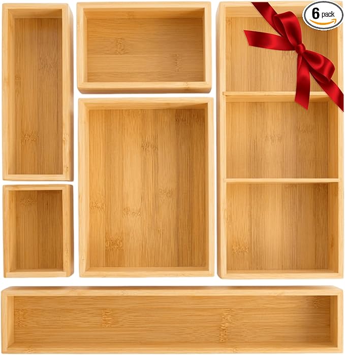 Youeon Set of 6 Bamboo Drawer Organizer Storage Box, Adjustable Cutlery Drawer Organizer, Silverware Organizer Multi-Use for Office, Home, Kitchen, Bedroom, Bathroom