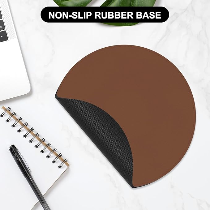 Leather Mouse Pad, Office Mouse Mat Non-Slip Rubber Base Stitched Edge Washable Waterproof Round Mousepad for Office Gaming PC Laptop, Round Diameter 8.7 inches, Bright Brown