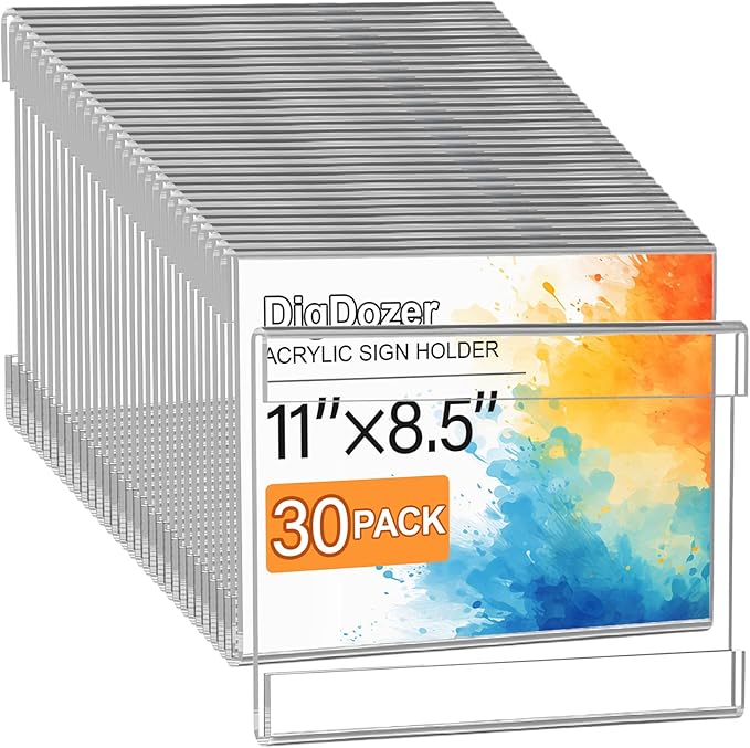 30 Pcs Acrylic Sign Holder 11 x 8.5, Horizontal Wall Mount Sign Holders with Adhesive, Clear Plastic Frames Paper Display Sign Holders for Office, Home, Store, Restaurant - No Drilling