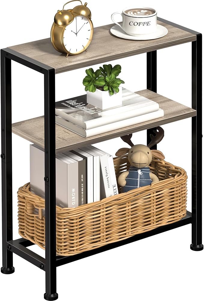 Narrow Side Table for Small Space, 2-Tier Small End Table with Shelf Holder, Slim Nightstand, Skinny Snack Couch Table in Living Room, Bedroom, Study, Kitchen and Balcony (Camel Brown)