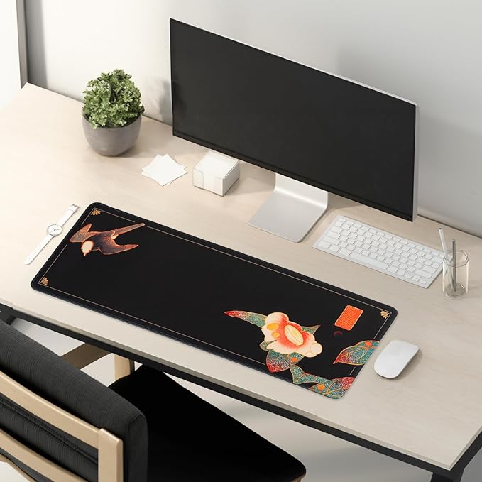 BELLEMOND Japanese Art Desk Mat | Large 31.5x11.8in Anime Mouse Pad for Keyboard & Mouse | Non-Slip Base, Water-Repellent | Original Japanese Design | Camellia Silence