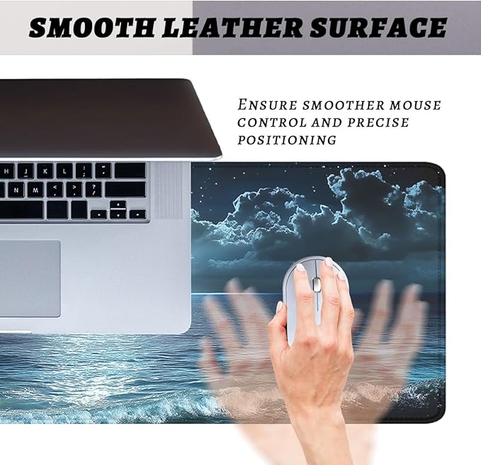 Night Beach Gaming Mouse Pad Moonlit Ocean Mystic Sea Large Gaming Mouse Mat with Stitched Edges,Non-Slip Waterproof Rubber Base Mous Mat 31.5"x11.8"