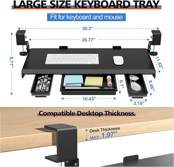 Large Height Adjustable Keyboard Tray with Sturdy C-Clamp Mount and Storage Drawer, 27"(31"Including Clamps) x 12" Slide Out Ergonomic Keyboard Trays for Home and Office, Black