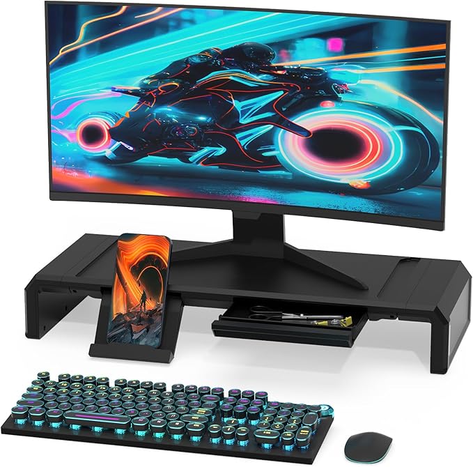 Heymaster Monitor Stand Riser with Drawer, Foldable & Adjustable Length Computer Stand with Phone & Tablet Holder, Space Saving Desk Organizer Shelf for Home Office, Laptop, Desktop