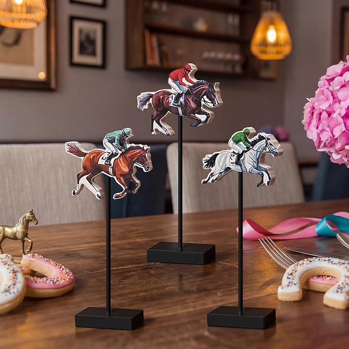 Smile Jockey Wooden Standing Decor Set, 3-Piece Multi-Color Horse Racing Tiered Tray Tabletop Signs with Stands for Horse Racing Party Decorations