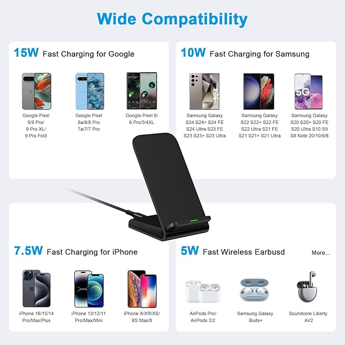 Wireless Charger Samsung Fast Charging Stand for Samsung Galaxy S26 Ultra S26+ S26 S25 S24 S23 S22 S21 S20 Ultra FE, 15W Android Phone Wireless Charger Stand for Pixel 10a 10 9 Pro XL Fold 8a 7 Pro