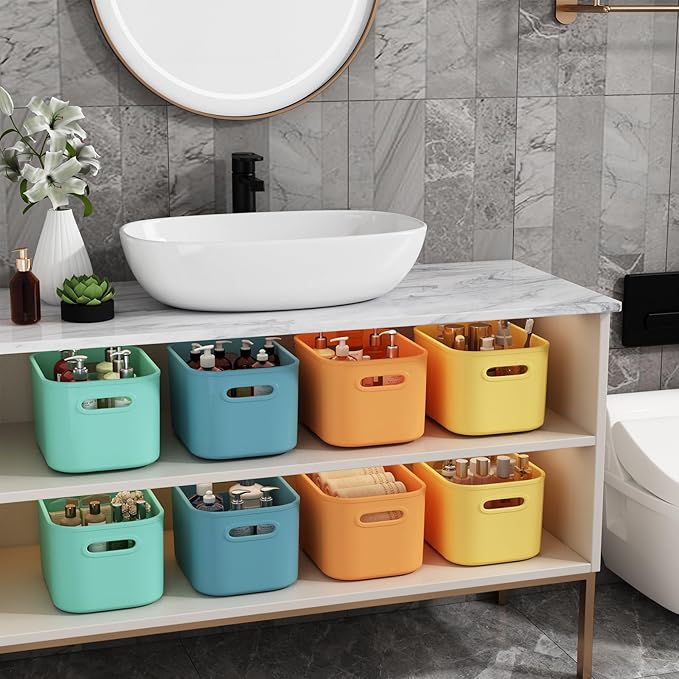 8 Pack Colorful Storage Bins with Lids for Shelves, Classroom Storage Bins, Stackable Colored Bins, Plastic Storage Containers with Lids for Organizing, Storage Boxes for Craft, Art Supplies