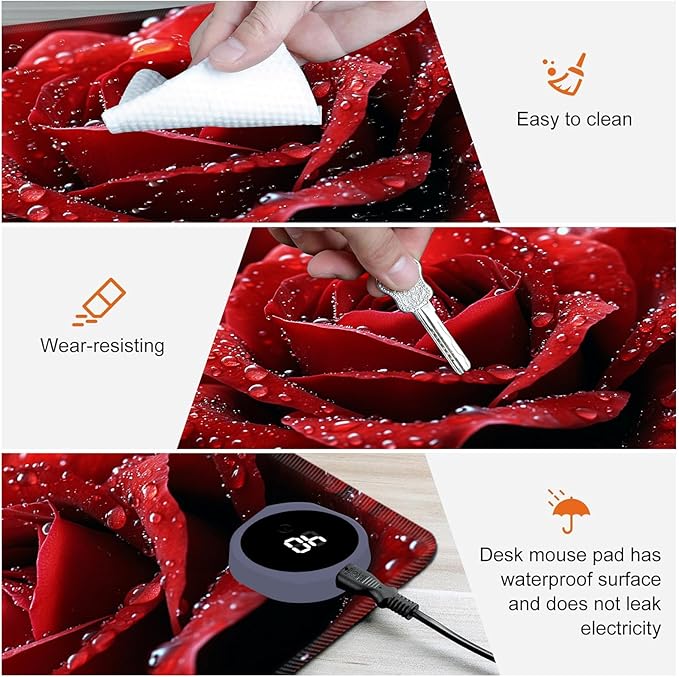 Heated Mouse Pad,Warm Desk Pad with 3 Levels Heating & 3 Hours Auto Shut-Off, PU Leather Heated Desk Pad Warmer Pad for Home Office - 31.5 x 13 inch,Red Rose