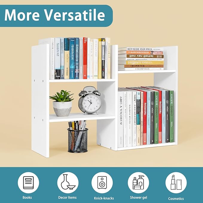 Desktop Shelf Organizer Desk Shelves - White Desk Hutch for Dorm Room Essentials & Home Office - Small Tabletop Bookshelf for Storage & Decor Display