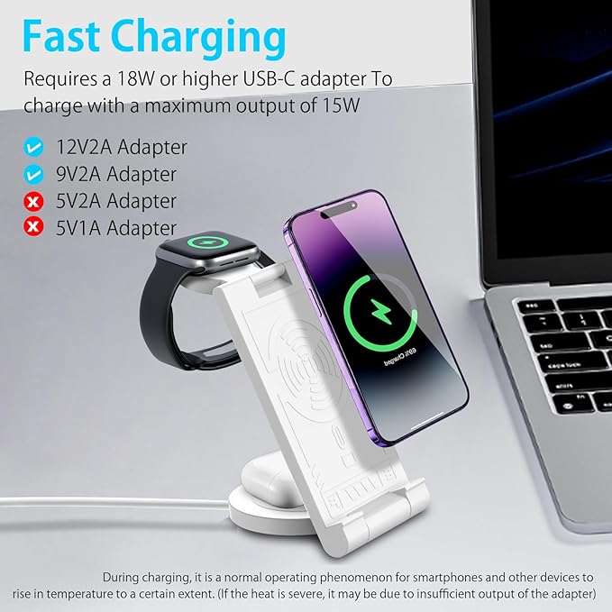 2024 Upgrated Wireless Charger: 3 in 1 Charger Stand Multiple Devices for Apple - iPhone 16 15 14 Pro Max 13 12 11 - Watch 10 9 8 7 6 5 4 3 2 SE and Ultra Series - Airpods 4 3 2 Pro