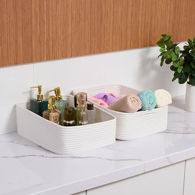 MiniArk Large Shallow Organizing Baskets 15x11x5.1 Inches - Rope Woven Storage Bins for Bathroom, Shelves, Cube Closet, Off White 3 Packs