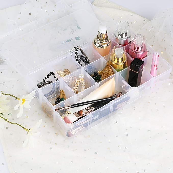 Umirokin 2 Pack 15 Grids Clear Plastic Organizer Box with Adjustable Dividers, Craft Storage Containers for Jewelry, Beads, Screws, Tackle Box, Washi Tapes, Small Parts Organizer for Arts and Crafts