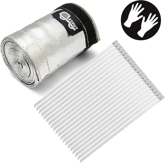 Heat Shroud Sleeve Aluminized 2 Pcs for Ultimate Heat Protection Hose Wire Shield 1-1/4''I.D. x 10FT, with 20 Pcs 7.8Inch Stainless Steel Cable Metal Zip Ties
