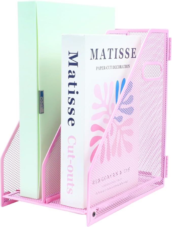 Desk Organizers Metal Magazine File Holder Racks Desktop Folder Storage Binder Organiser Document Organization for Home Office & Classroom,2 Vertical Compartments-Pink