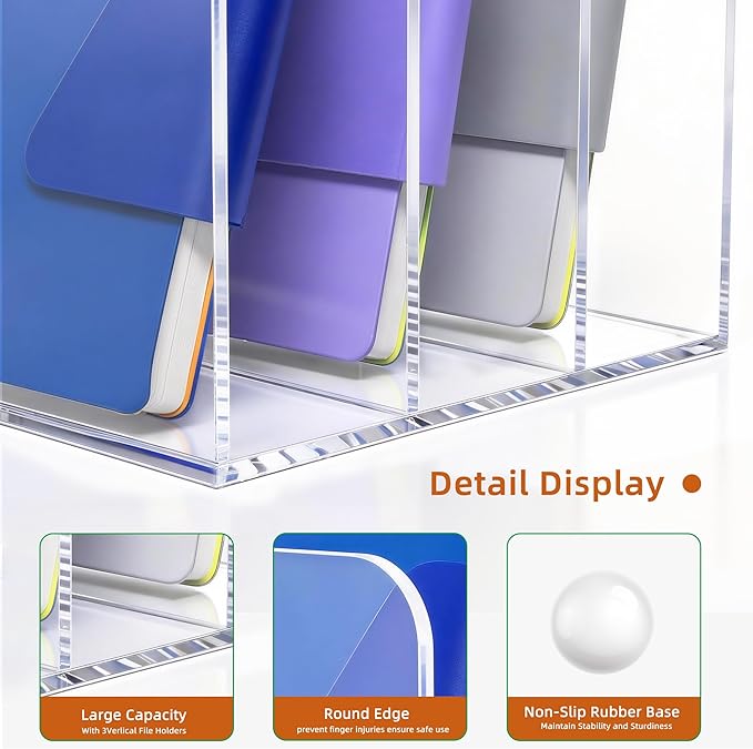 3-Slot Clear Acrylic Magazine File Holder – Vertical Desk Organizer for Books, Folders & Tablets, 8.97×7.48×6.69 Inches