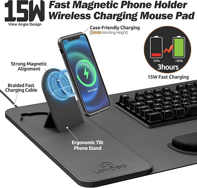 15W Magnetic Wireless Charging Desk Pad with Ergonomic Tilt Phone Stand, 35×15in XXL Foldable PU Leather Mouse Pad with Keyboard & Mouse Memory Foam Wrist Rest for Gaming Office Home Minimalist Desk