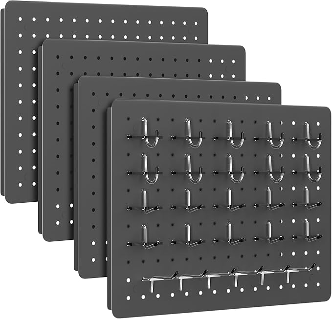 Peg Board for Tools, 4 Pack Metal Pegboard Wall Organizer with Hooks,16"×12" Gray Pegboard Panels for Walls Home, Garage Tool Storage, Kitchen, Office Organization, Craft Room