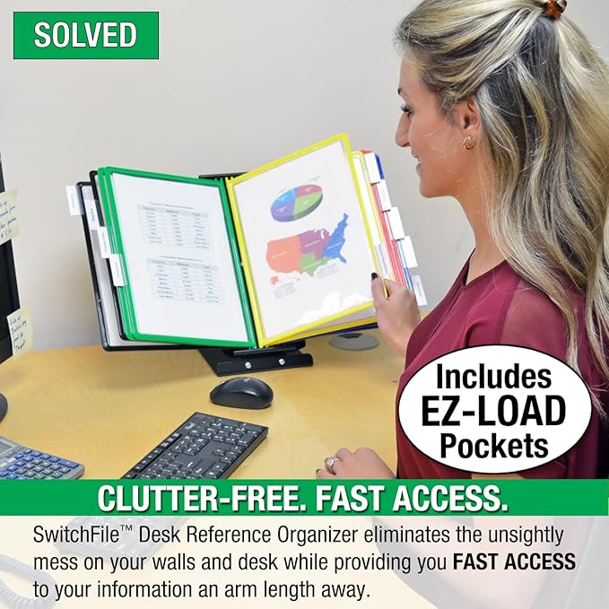 Ultimate Office SwitchFile Reference Organizer Displays Both Landscape or Portrait Documents, Desk or Wall Mount, Featuring, 10 EZ-Load Pockets to Hold 20 Sheets of Paper (Colored Pockets)