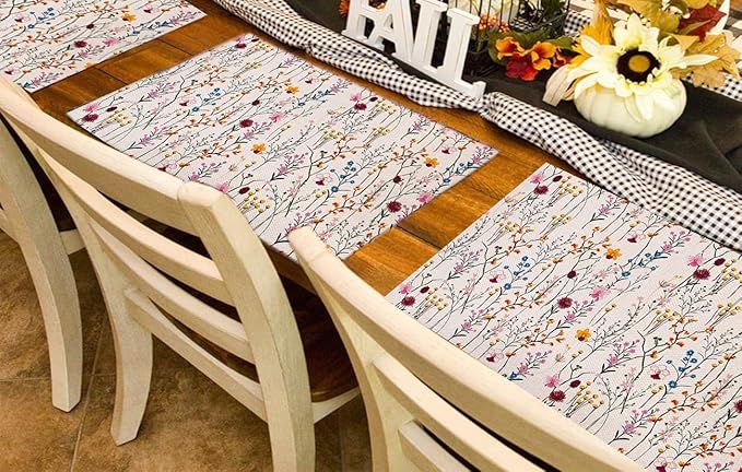 Watercolor Wild Flowers Placemats Set of 4, 12x18 Inch Seasonal Spring Summer Colorful Floral Table Mats for Home Party Kitchen Dining Decoration