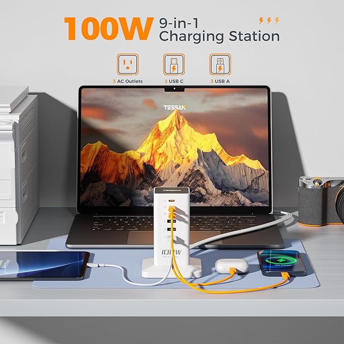 Charging Station for Multiple Devices, TESSAN 9-in-1 USB C Power Strip for iPhone 17/16/15, MacBook, Tablet, Desktop Phone Fast Charger with 3 AC, USB Charger, Home Drom Office Accessories, White-100W