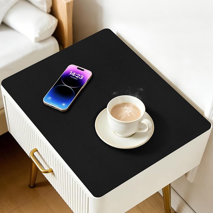 Cuttable PU Leather Nightstand Mat - 15.7x11.8in, Waterproof, Heat Resistant & Non-Slip Night Stand Accessories, Bedside Table Mat, Dresser Protector Top, End Table Cover, Small Desk Mat, Black