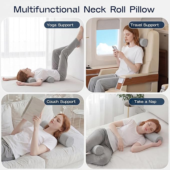 Neck Roll Pillow, Memory Foam Neck Support Pillows, Round Neck Pillows, Cylinder Bolster Pillows for Bed, Couch, and Yoga, Removable Washable Cover,18 * 4 * 4 inch (Small,Grey)