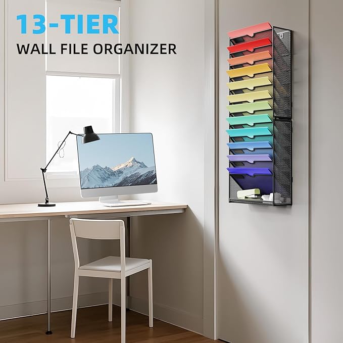 Marbrasse Wall File Holder 13-Tier Hanging Wall File Organizer, for Papers, Files Clipboard & Magazine Organizer, Wall Mount File Holder Great for Office Home (Black)