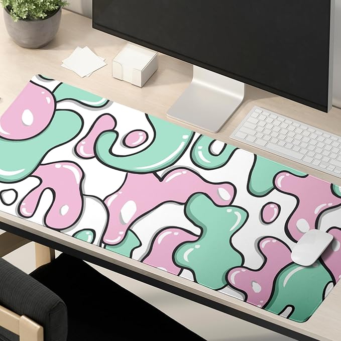 Pink Green White Mouse Pad 35.4”x15.7” Anime Cool Geometric Japanese Desk Mat Extended XXL Mouse Pad Non-Slip Rubber Base Stitched Edge Keyboard Mouse Mat Laptop Desk Pad Large for Working