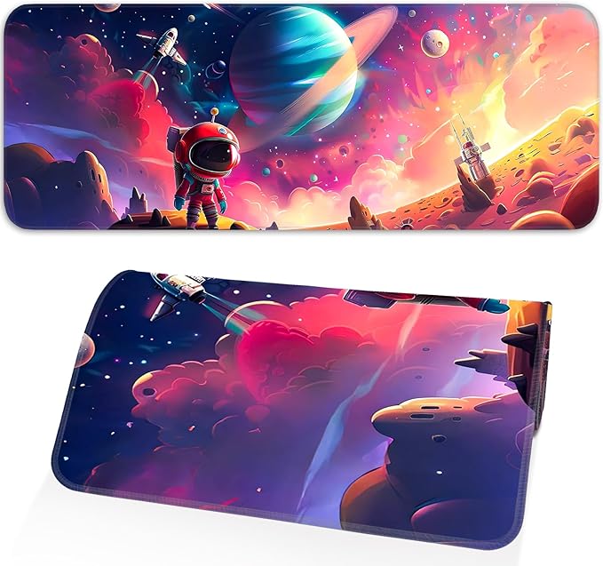 Gaming Mouse Pad, Non-Slip Rubber Band Stitched Edge, Astronaut Planet Space, Suitable for Home, Gaming, Office, 31.5x11.8 Inch Anime Mouse Pad