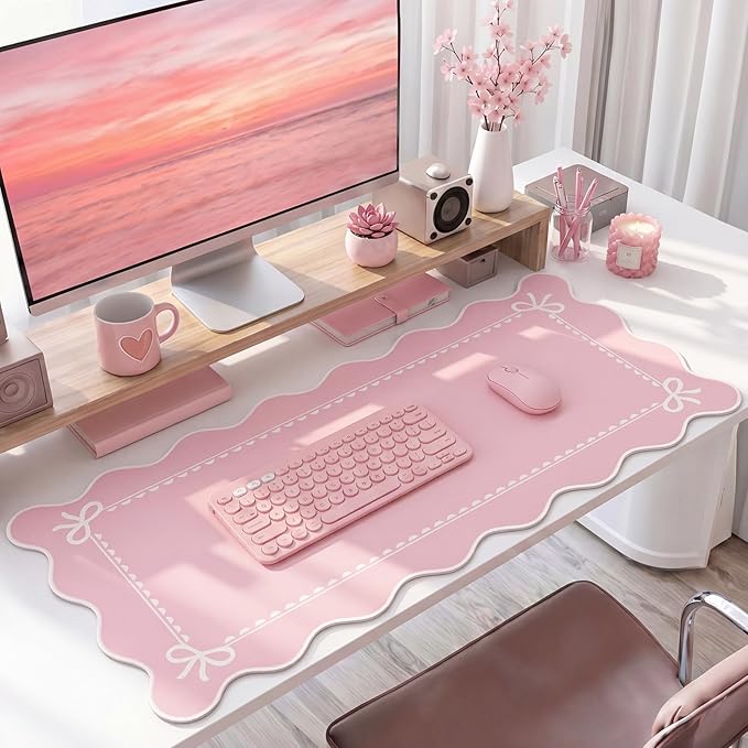 Scalloped Bow Desk Mat Cute Coquette Large Mouse Pad Kawaii Cottagecore ‌Vintage‌ Rustic Keyboard Pad Nonslip 2026 Graduation Gift with Stitching Waterproof Gaming(Pink)