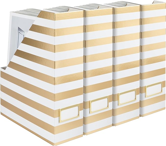 BLU MONACO | Cardboard Magazine File Holder Set of 4 Gold White Stripes | Vertical Magazine File Holder with Label Slots | Standing File Holder and Cardboard Bins for Shelves Desk Classroom