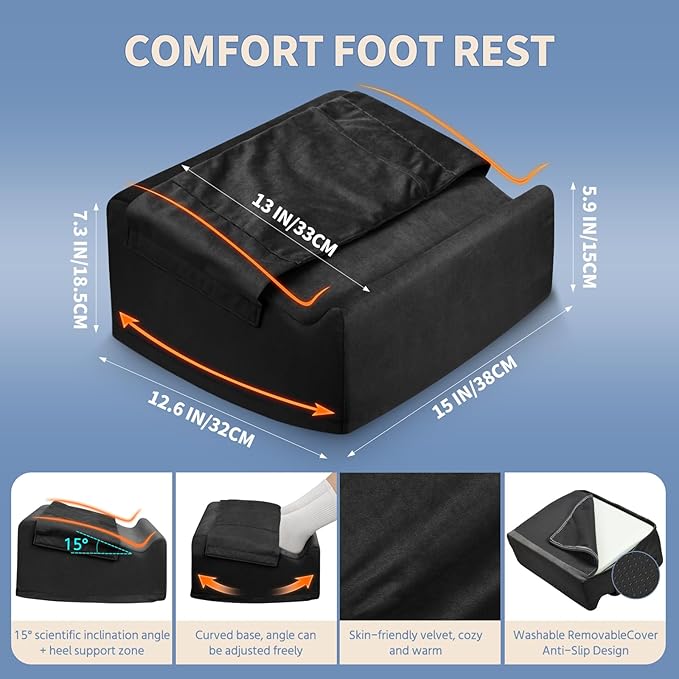 Ergonomic Foot Rest for Under Desk at Work – 15° Tilt Angle Under Desk Footrest with High-Resilience Foam, Velvet Top & Non-Slip Base, Comfortable Foot Stool for Office Chair and Home, Black