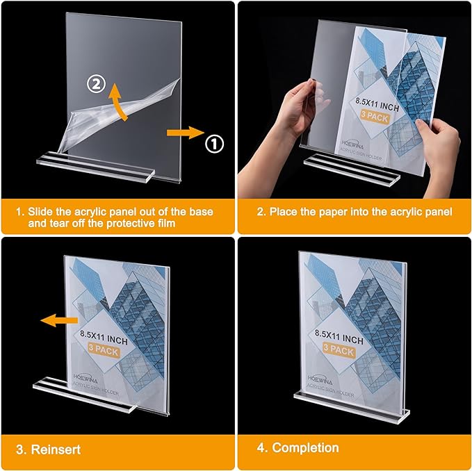 Hoewina Acrylic Sign Holder 8.5 x 11 Inch 6 Pack, Clear Display Sign Stand for Store Sign Holders, Vertical Double Acrylic Stands, Flyer Holder & Plastic Paper Holder