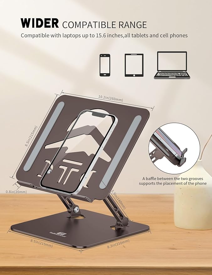 Laptop Stand, Ergonomic Adjustable Computer Stand for Collaborative Work, Foldable and Portable Heat Sink Computer Stands, Fits up to 16-inch Laptops (Coffee Brown)