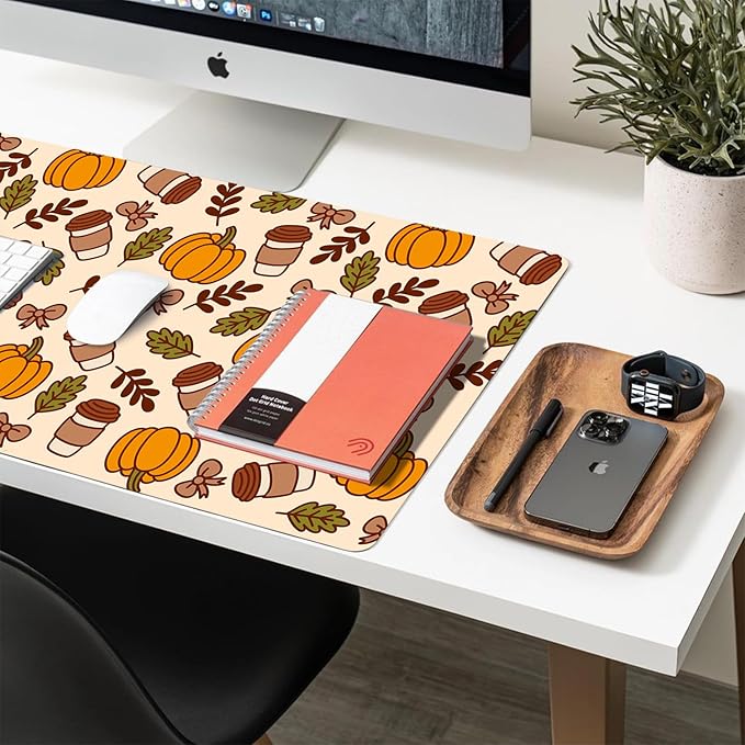Fall Desk Mat, Pimpkins Coffee Large Mouse Pad for Desktop, PU Leather Waterproof Desk Pad, Computer PC Laptop Protector Gaming Mouse Pads for School Office Home Thanksgiving Decorations 23.6" x 11.8"