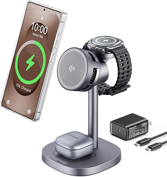 Magnetic Wireless Charger for Samsung, Qi2 Certified Fast 15W 3 in 1 Charging Station TEC Cooling Compatible with Magsafe Charger for Galaxy S25 Ultra/S24/Z Fold 7/Flip7/Samsung Watch Ultra 8/Buds